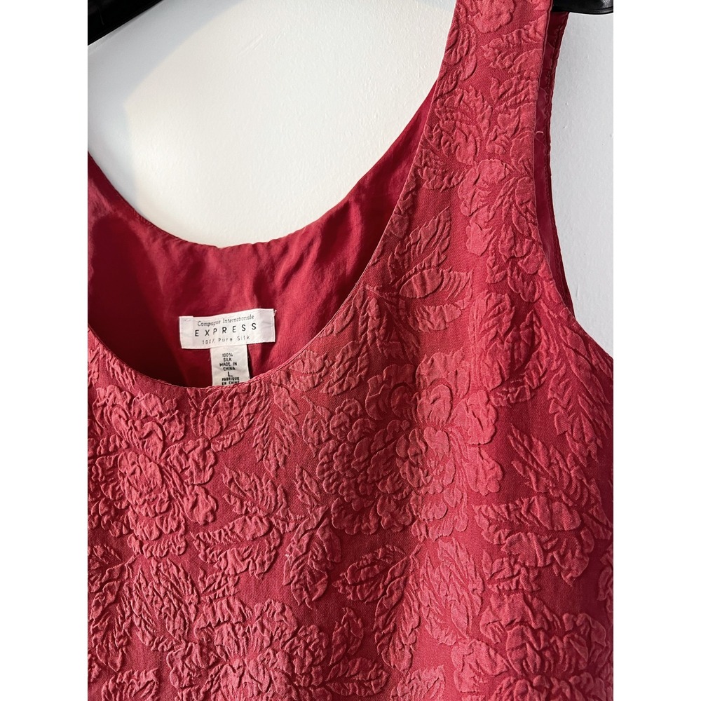 Vintage Red Silk Floral Textured Tank Top Jacquard Washed Silk Sleeveless Blouse - Picture 11 of 11